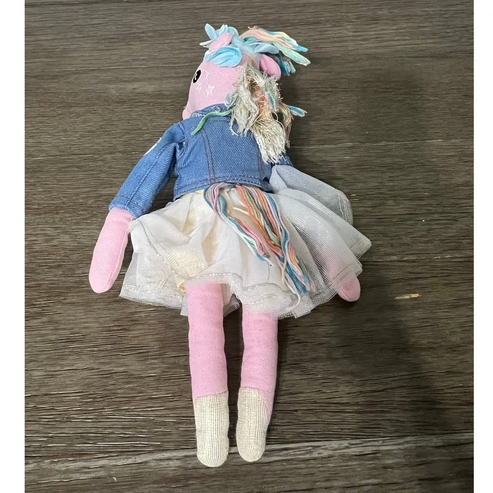 Pottery Barn Kids Sophie Unicorn Plush Ornament Denim Jacket Rainbow Tail 12" - Picture 4 of 5